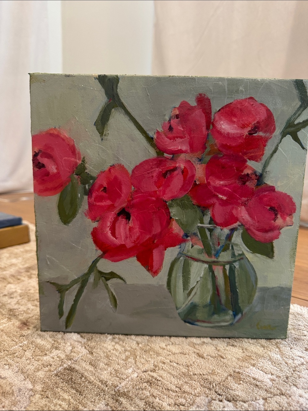 Red Floral Acrylic  Painting in Glass Vase 10x10in